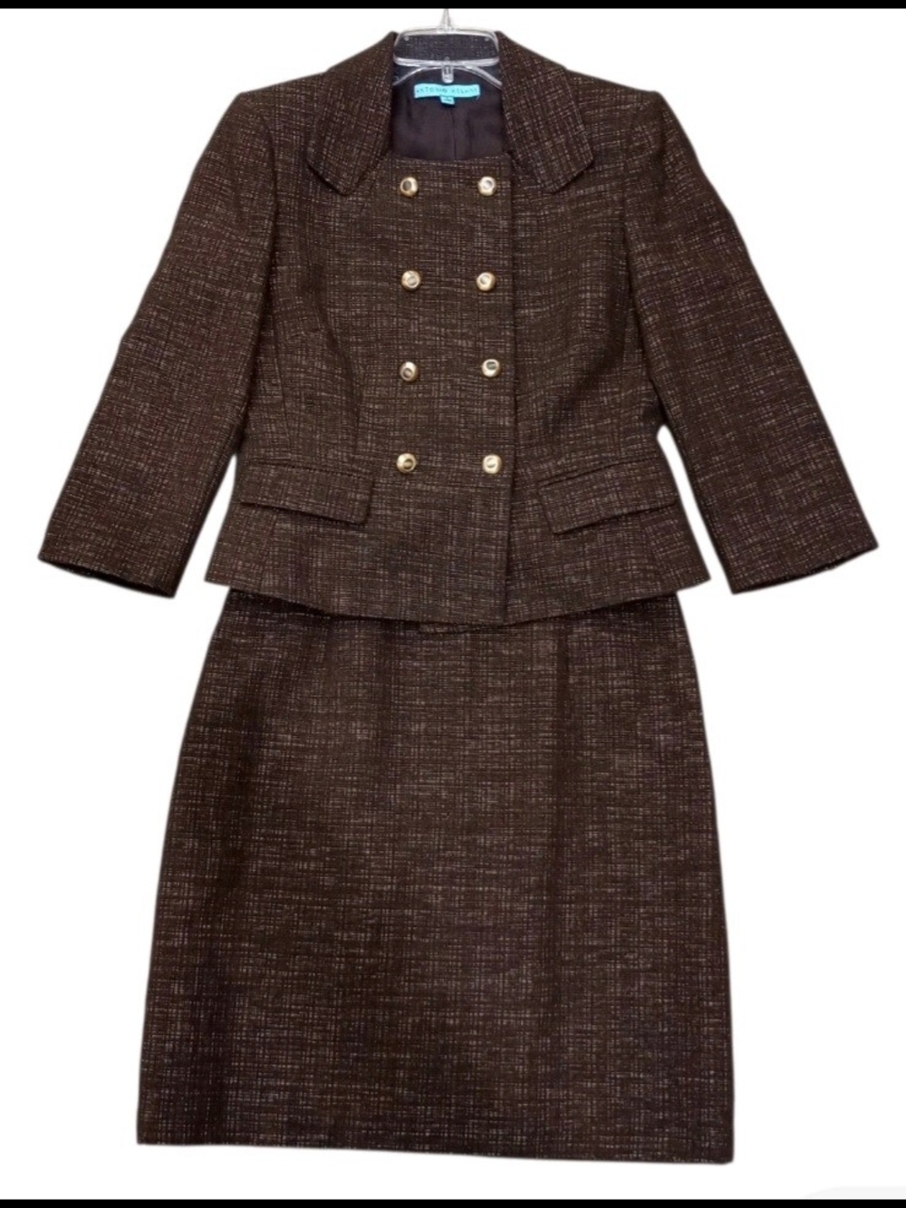 Antonio Melaini 2  Pc Brown And Gold Tweed  Skirt And Blazer Set Sz 2 Corporate